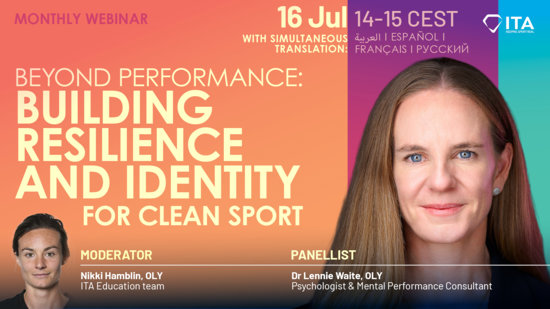 The psychological side of sport takes center stage in the upcoming monthly session hosted by the International Testing Agency (ITA) on 16 July 2026. This interactive broadcast moves away from purely regulatory topics to focus on the human element: how a balanced life and mental strength serve as a shield against doping risks. The session, titled Beyond Performance: Building Resilience and Identity for Clean Sport, offers practical tools to handle competitive pressure and build a solid personal identity that exists independently of competitive results. Secure Your Access and Meet the Expert The session is free. You can claim your virtual spot by clicking here to register via Zoom. This month features a unique blend of high-level athletic experience and clinical expertise. The main presentation will be led by Dr Lennie Waite, OLY, a licensed psychologist, Certified Mental Performance Consultant, and Olympian. Dr Waite will translate recent psychological research into everyday strategies, explaining how establishing a well-rounded life outside of training helps athletes manage stress and reduce vulnerability during challenging moments in their careers. The event will be moderated by Nikki Hamblin, OLY, from the ITA Education Team. Attendees will also have the chance to submit questions directly to Dr Waite during a live Q&A segment. Key Event Information &bull;	Date: 16 July 2026 &bull;	Time: 14:00&ndash;15:00 CEST &bull;	Speaker: Dr Lennie Waite, OLY (Psychologist & Mental Performance Consultant) &bull;	Moderator: Nikki Hamblin, OLY (ITA Education Team) &bull;	Languages: Conducted in English, with simultaneous audio channels in Spanish (espa&ntilde;ol), French (fran&ccedil;ais), Arabic (العربية), and Russian (русский). Why This Matters for the DanceSport Community Success on the dance floor requires more than physical preparation. Protecting the well-being of our athletes means giving them the tools to cope with expectation and stress. WDSF encourages competitors, coaches, and support teams across all disciplines to log in and learn how to foster a healthier, more resilient sporting environment. Stay connected with us Follow us on social media to stay up to date with all the news related to the DanceSport community: Instagram: WDSF DanceSport  YouTube: DanceSportTotal Facebook: WDSF DanceSport TikTok: WDSF DanceSport X: DanceSportTotal  LinkedIn: World DanceSport Federation (WDSF)
